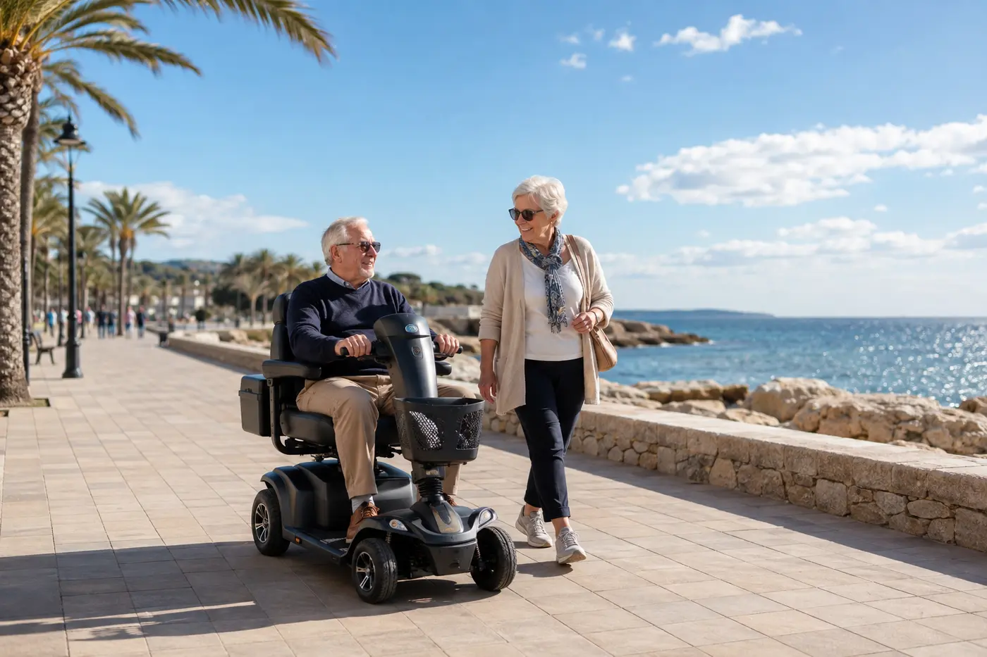 Holidaymaker using a mobility scooter on a Mediterranean seafront promenade