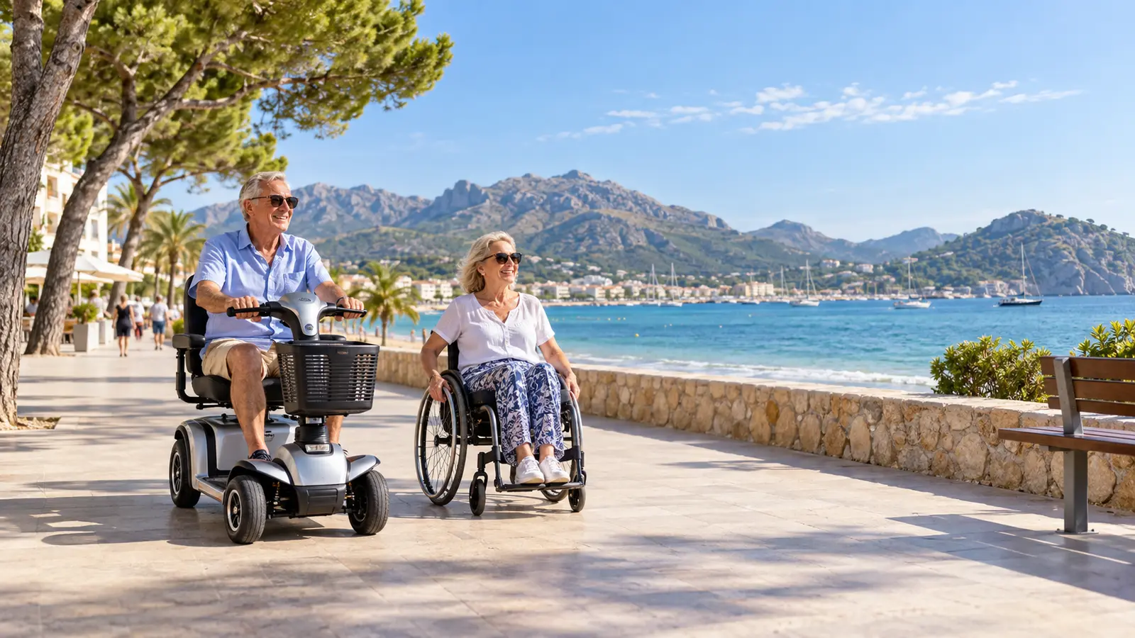 A mobility scooter user and a manual wheelchair user enjoying a broad accessible seafront promenade in northern Mallorca