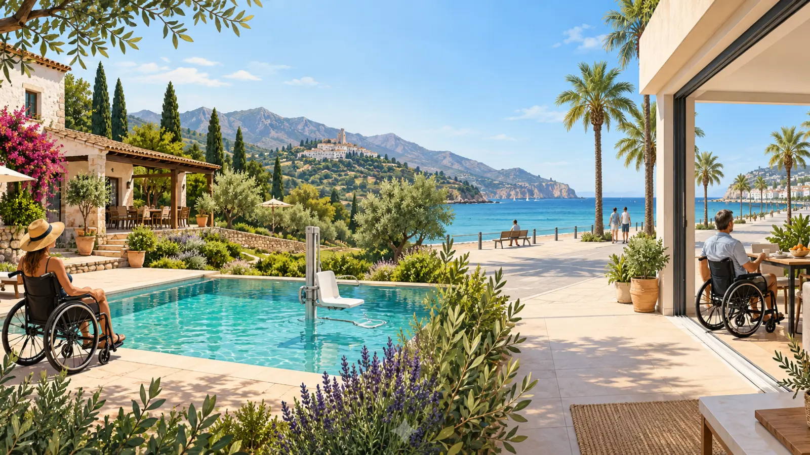 Illustration of an accessible rural hotel and step-free Mediterranean beach apartment in Andalucía